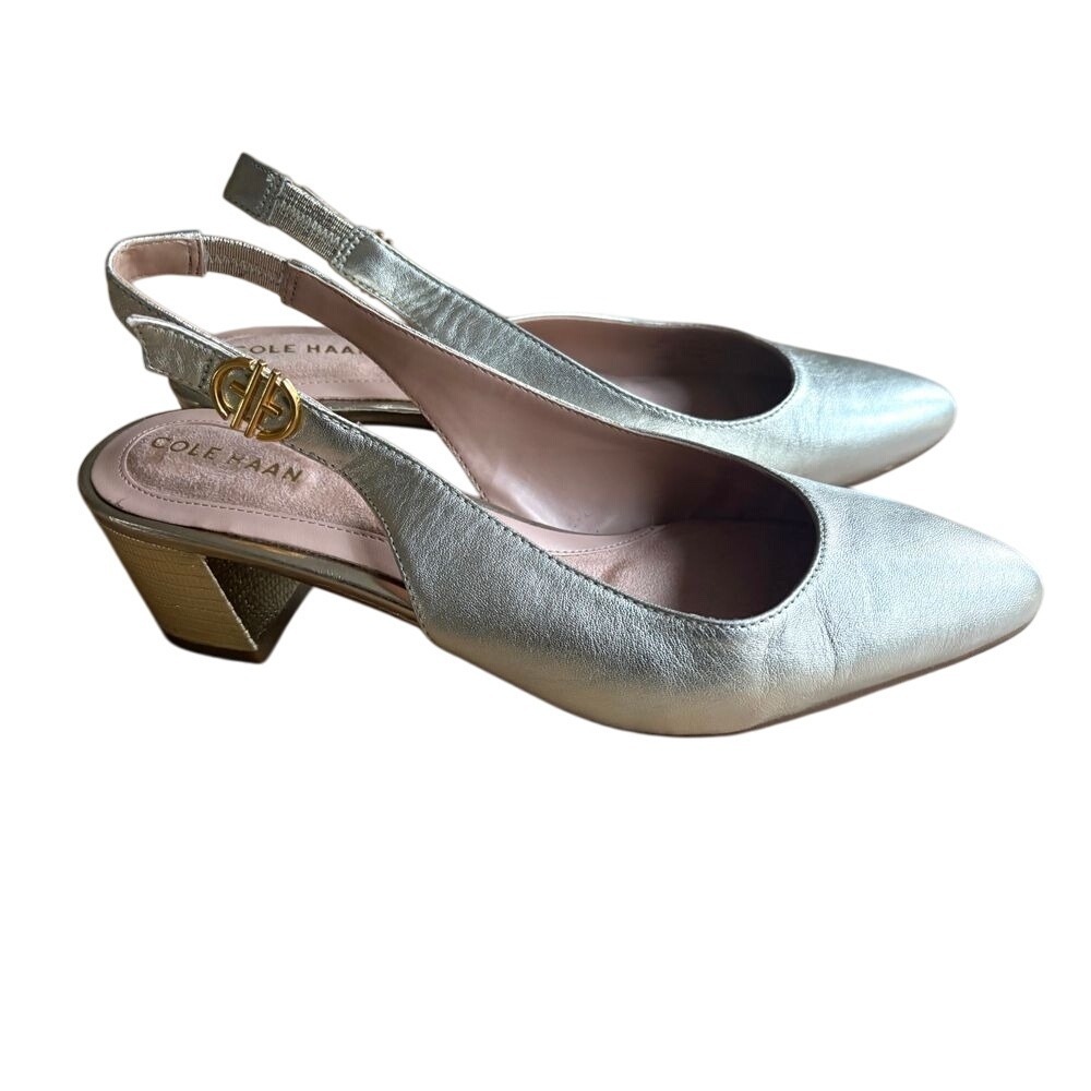 EUC COLE HAAN The Go-To Slingback Pump Gold Leather Pointed‎ Toe Flats SIZE 7.5B